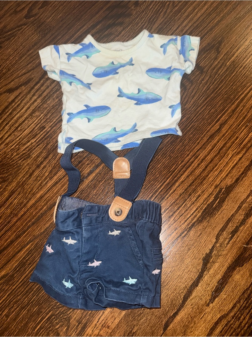 NB Carters Blue Shark Print Baby Shirt and Gymboree Navy Shorts with Suspenders